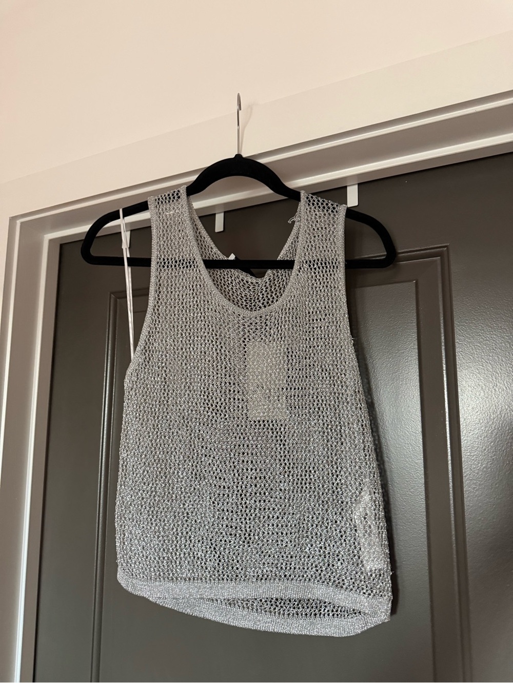 Zara Metallic Silver Open-Knit Tank Top